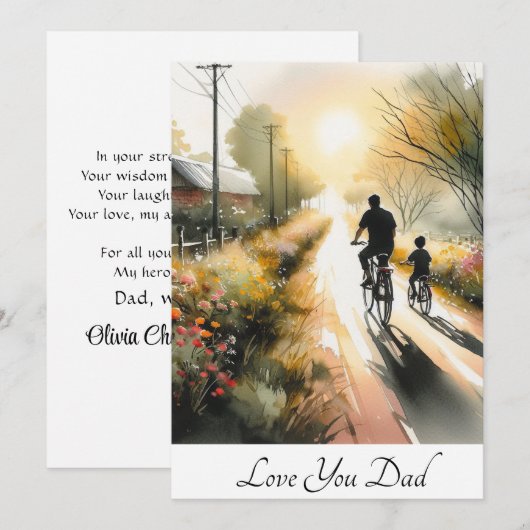 Papa en Kind Fietsen op een Floral Path Waterverf Feestdagenkaart (Voorkant / Achterkant)