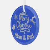 Papa en mama vrolijk kerstzilver op blauw | glas ornament (Voorkant links)