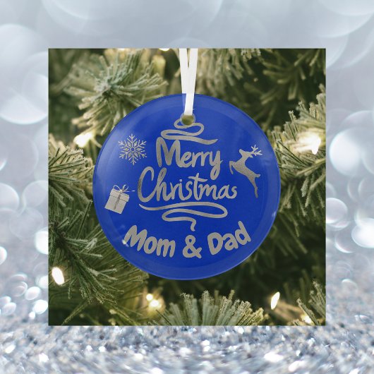 Papa en mama vrolijk kerstzilver op blauw | glas ornament