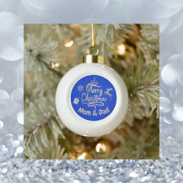 Papa en mama vrolijk kerstzilver op blauw | keramische bal ornament
