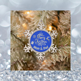 Papa en mama vrolijk kerstzilver op blauw | tin sneeuwvlok ornament