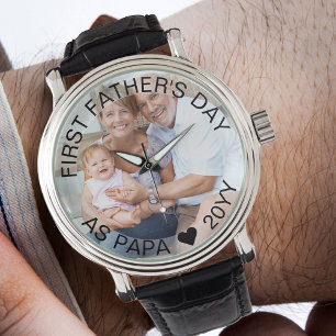 Papa First Fathers Day Photo Semi Opaque Border Horloge