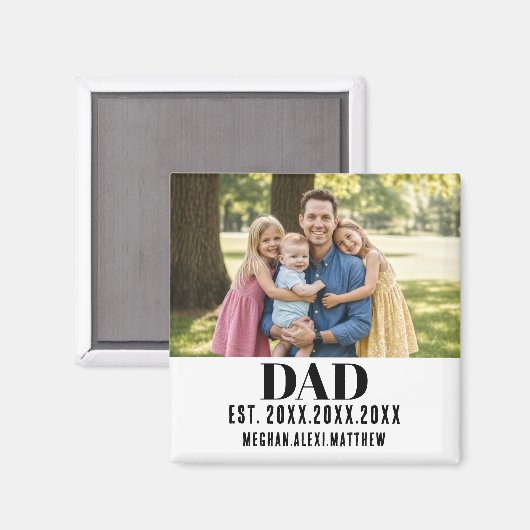 Papa Geschat Jaar Naam Modern Schrift Wit Magneet (Voorkant / Achterkant)