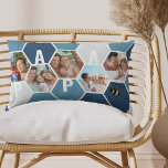 Papa Honeycomb Foto Collage 4 Letter-naam Kussen<br><div class="desc">Honeycomb foto-kussen: bewerkbaar voor elke 4 letters, zoals PAPA, en gepersonaliseerd met 5 van je favoriete foto's, die worden weergegeven als foto-collage van de hexagon vorm. Het geometrische patroon van de honingraat is in tinten blauw en wit en met een bij versierd. Voor andere kleuren en verschillende lengtenamen, te doorbladeren...</div>