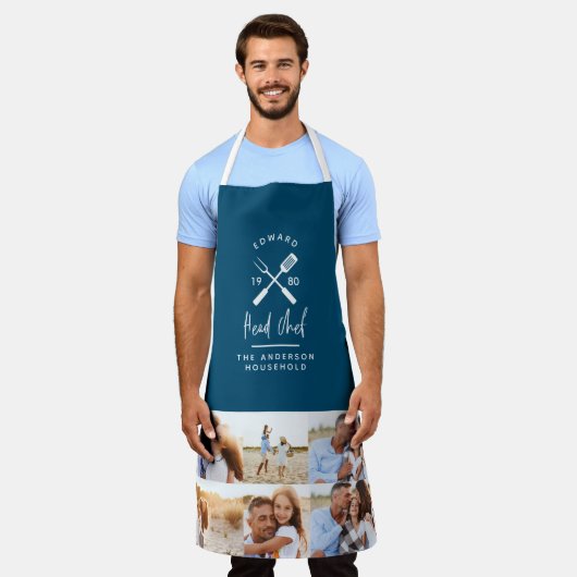 Papa hoofd chef bbq grill multi-foto modern blauw schort (Gedragen)