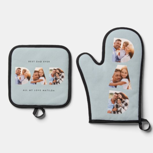 Papa multi foto moderne typografie blauw ovenwant & pannenlap set (Voorkant)