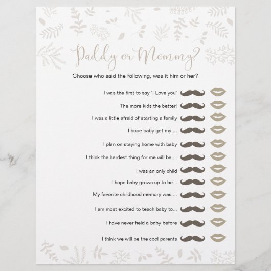 Papa of mama Forest Leaves Baby shower Game (Voorkant)