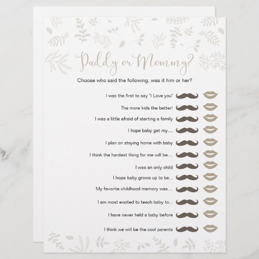 Papa of mama Forest Leaves Baby shower Game (Voorkant / Achterkant)