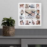 Papa Script Family Memory Photo Grid Collage Vierkante Klok<br><div class="desc">Een mooi gepersonaliseerd cadeau voor je vader dat hij nog jaren zal koesteren. Biedt een moderne collage van dertien foto's op het raster om 13 van uw eigen speciale familieherinneringen weer te geven. "Papa" ontworpen in een mooie, handgeschreven zwarte scriptstijl. Elke foto is voorzien van een eenvoudig goudkleurig lijst. De...</div>