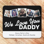 Papa Vaderdag Foto Collage Muismat<br><div class="desc">Stijlvolle vaders dag foto-computermuis met een zwart-wit thema, vijf vierkante afbeeldingen, een modern typografisch ontwerp "We houden van je vader" en de kinder namen.</div>