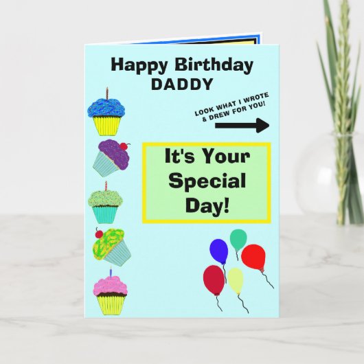 Papa Verjaardag Blauw Cupcake Tower Kinder kunstwe Kaart (Voorkant)