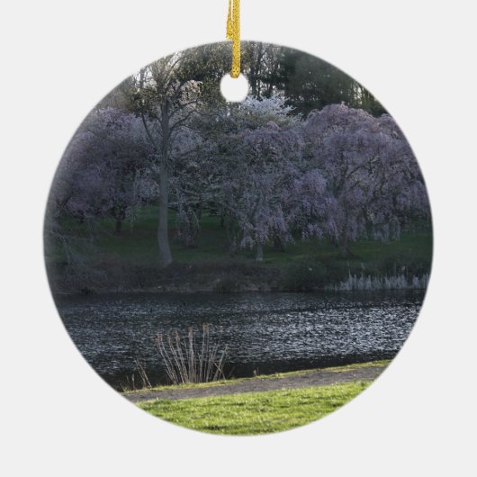 Papa Vist Pond Park Pink Trees Omkeerbaar Keramisch Ornament (Achterkant)