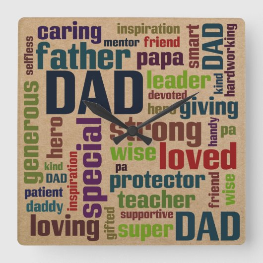 Papa Word Cloud Text Vaderdag Typografie Vierkante Klok (Voorkant)