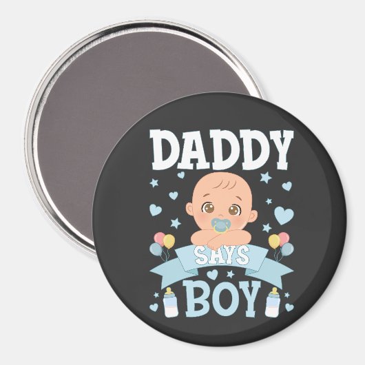 Papa zegt jongen zwangerschap roze of blauwe cirke magneet (Voorkant / Achterkant)