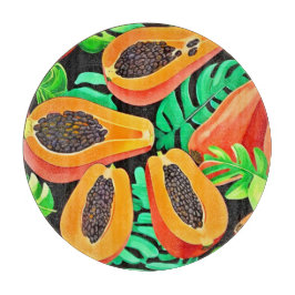 Papaja en bladeren vers patroon snijplank