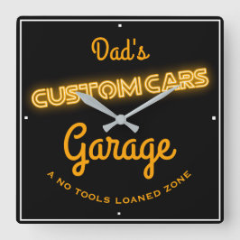 Papa's aangepaste auto's Garage Gold Faux Neon Fun Vierkante Klok