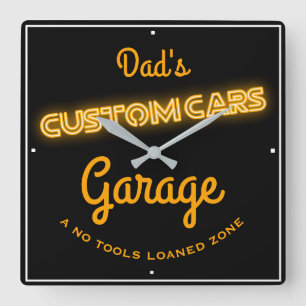 Papa's aangepaste auto's Garage Gold Faux Neon Fun Vierkante Klok
