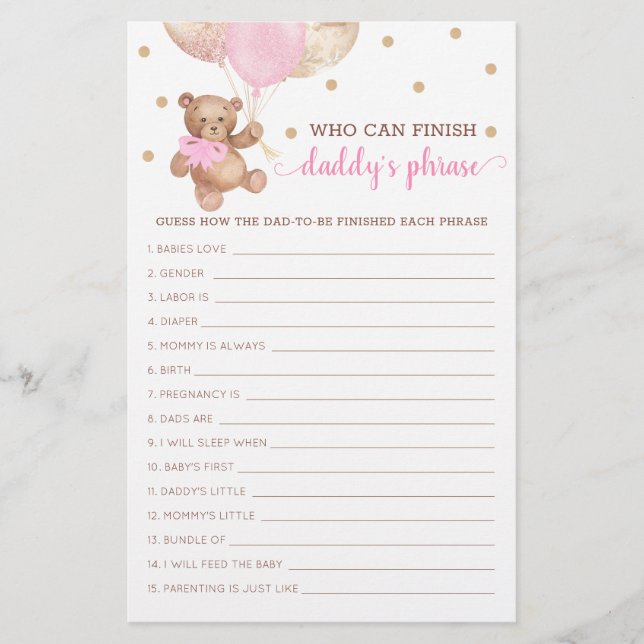 Papa's Baby shower Phrase Game Teddy Bear (Voorkant)