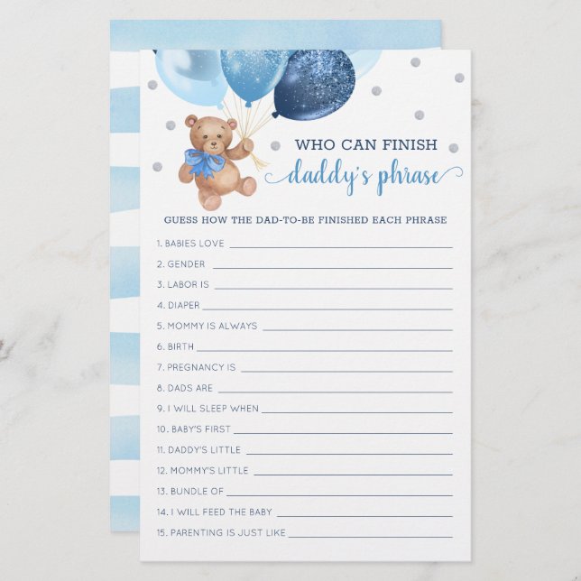 Papa's Baby shower Phrase Game Teddy Bear (Voorkant / Achterkant)