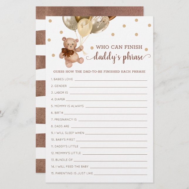Papa's Baby shower Phrase Game Teddy Bear (Voorkant / Achterkant)