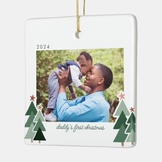 Papa's eerste kerstfeest Rustic Trees 2 Foto's Keramisch Ornament (Links)