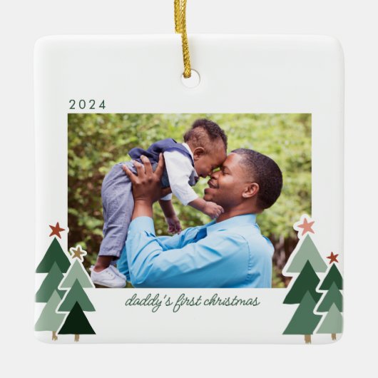 Papa's eerste kerstfeest Rustic Trees 2 Foto's Keramisch Ornament (Voorkant)