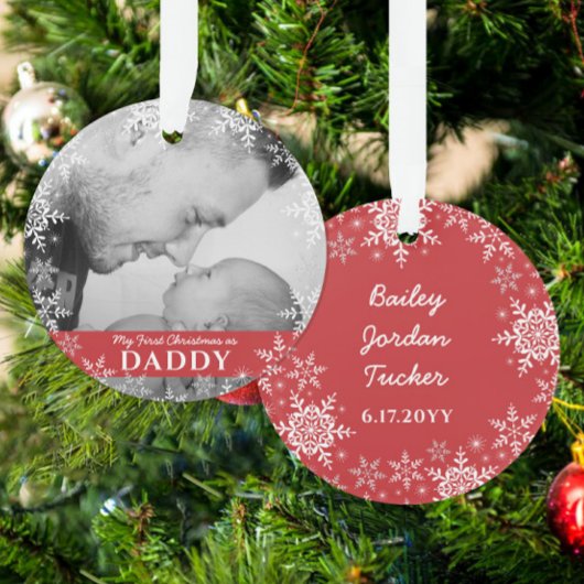 Papa's eerste kerstsnowflakes op Rode Foto Ornament