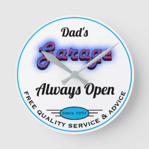 Papa's Garage Blue Neon Kijk Datum Naam Wit Ronde Klok