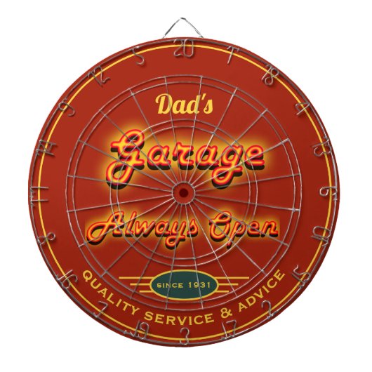 Papa's Garage Faux Neon Kijk donkerrood Oranje Dartbord (Voorkant)