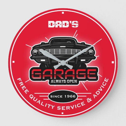 Papa's Garage voor elke naam Red Black White Grote Klok (Voorkant)