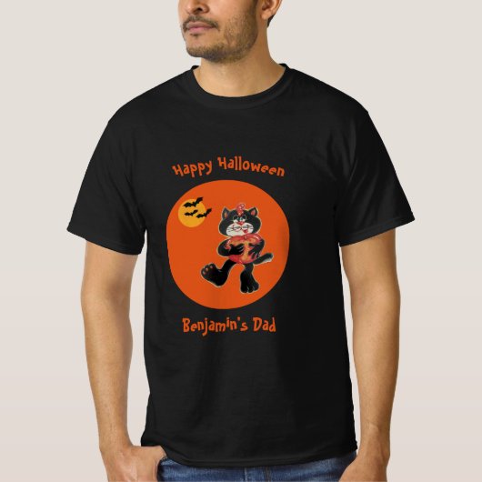 Papa's naam Halloween Schattige Black Cat Moon Bat T-shirt (Voorkant)