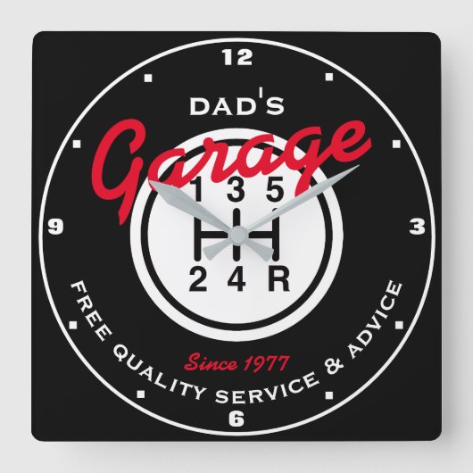 Papa's of een andere naam Garage Black White Shift Vierkante Klok (Voorkant)