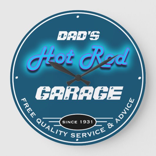 Papa's of een andere naam Garage Blue Faux Neon Ki Grote Klok (Voorkant)