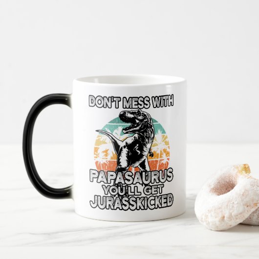 Papasaurus Retro T Rex Papa Saurus Mannen Magische Mok (Met donut)