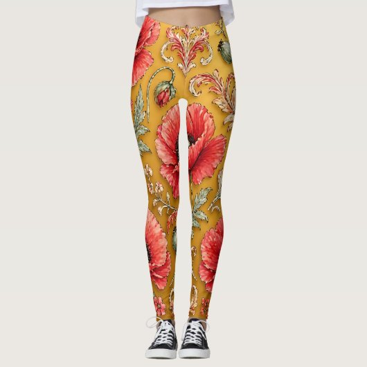Papaver bloem gouden ontwerp leggings (Voorkant)