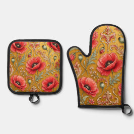 Papaver bloem gouden ontwerp ovenwant & pannenlap set