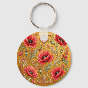 Papaver bloem gouden ontwerp sleutelhanger