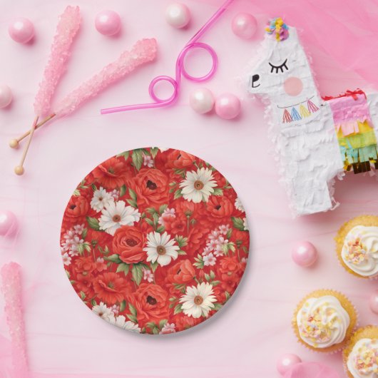 Papaver en kamille rode en witte bloemen papieren bordje (Feest)