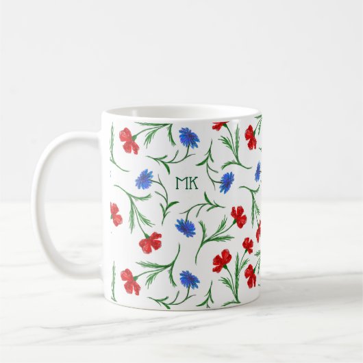 Papaver en kornbloem, rood-blauw-Floral monogram Koffiemok (Links)