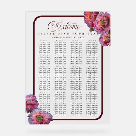 Papaver in bloei | Elegante Floral 200 zitplaatsen Acryl Bord (Voorkant)