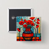 Papaver in vaas vierkante button 5,1 cm (Voorkant /achterkant)