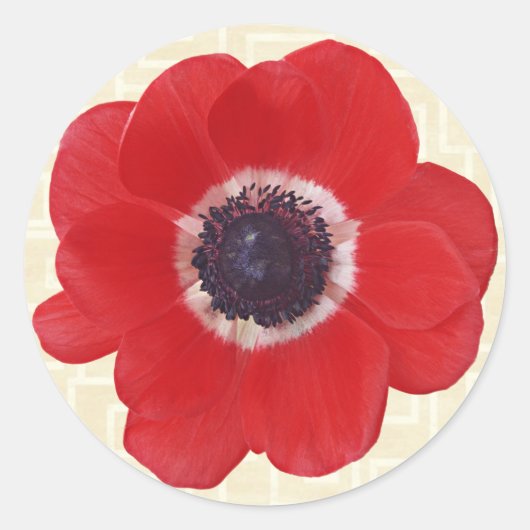 Papaver op Beige Ronde Sticker (Voorkant)