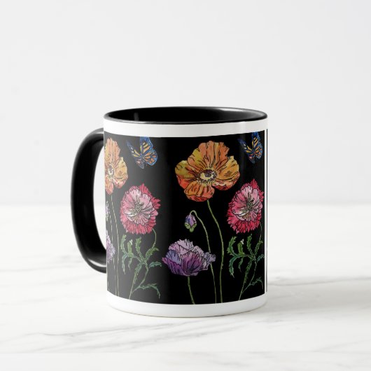  papaver op zwart Waterverf schilderen Mok (Voorkant links)