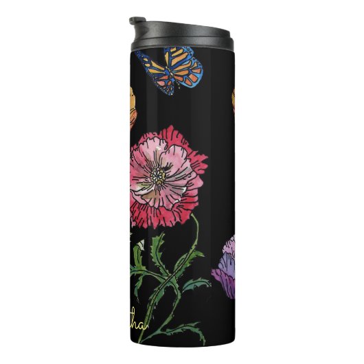 papaver op zwart Waterverf schilderen Thermosbeker (Geroteerd rechts)