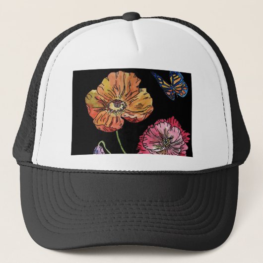  papaver op zwart Waterverf schilderen Trucker Pet (Voorkant)