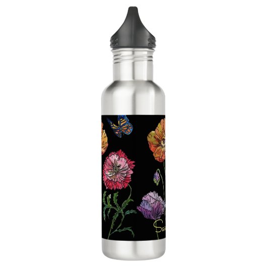  papaver op zwart Waterverf schilderen Waterfles (Links)