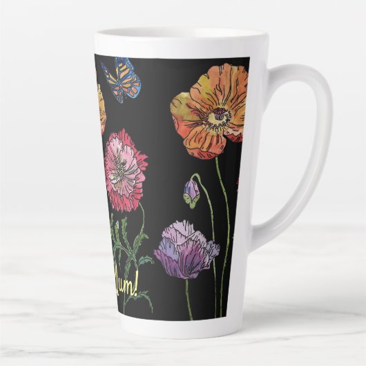 papaver op zwarte Waterverf Latte Mok (Rechts)