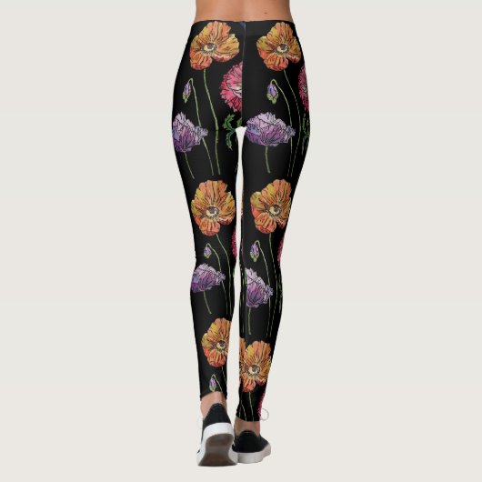  papaver op zwarte Waterverf Leggings (Achterkant)