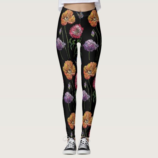  papaver op zwarte Waterverf Leggings (Voorkant)