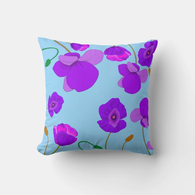 Papaver Poppy Lila op bleek-blauwe achtergrond Kussen (Voorkant)